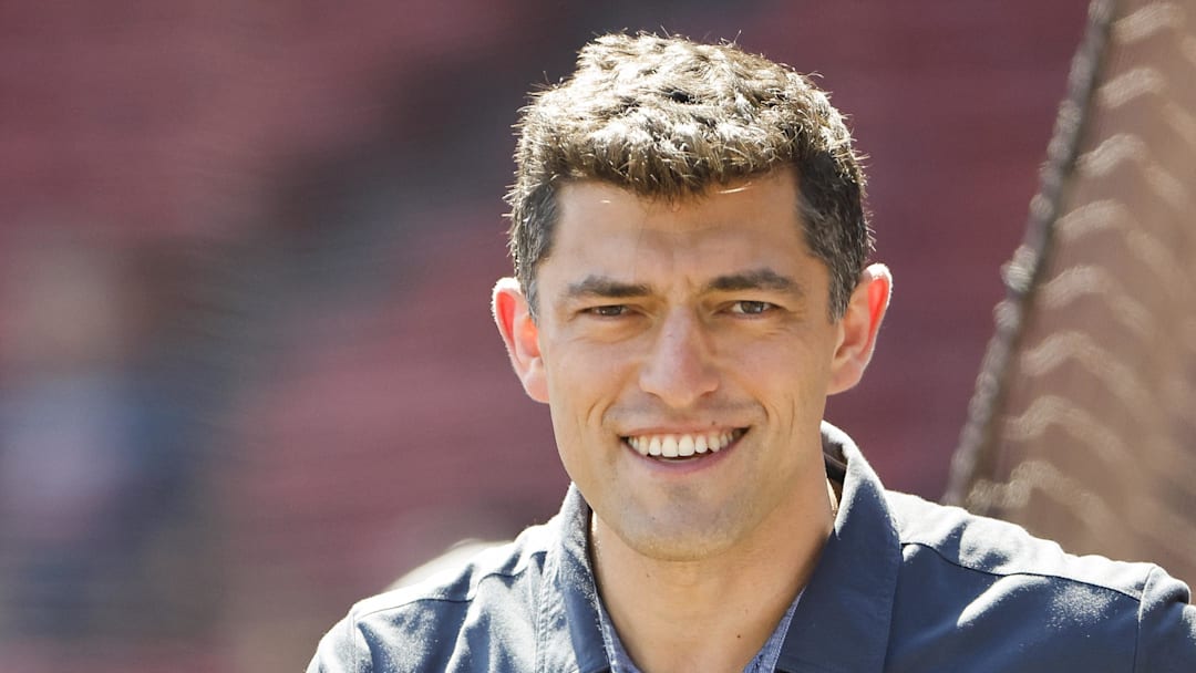 Aug 28, 2022; Boston, Massachusetts, USA; Chaim Bloom, Chief Baseball Officer of the Boston Red Sox on the field before the game between the Boston Red Sox and the Tampa Bay Rays at Fenway Park. Mandatory Credit: Winslow Townson-Imagn Images