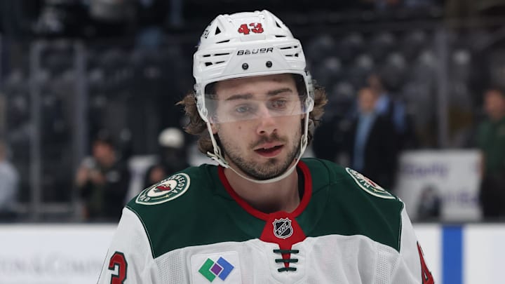 Feb 27, 2026; Salt Lake City, Utah, USA; Minnesota Wild defenseman Quinn Hughes (43) warms up before a game against the Utah Mammoth at Delta Center. Mandatory Credit: Rob Gray-Imagn Images