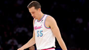 Mar 17, 2025; New York, New York, USA; Miami Heat forward Duncan Robinson (55) reacts during the second quarter against the New York Knicks at Madison Square Garden. Mandatory Credit: Brad Penner-Imagn Images