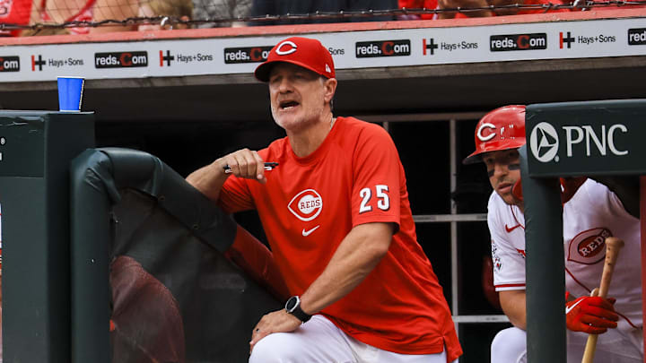 Bell reacts after a play in the ninth inning against the Pittsburgh Pirates at Great American Ball Park.