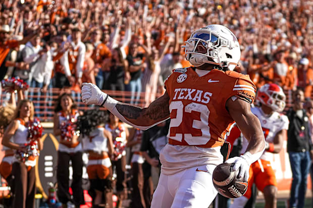 Texas Longhorns running back Jaydon Blue celebrates after a touchdown against the Clemson Tigers in the College Football Play