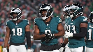 Sep 16, 2024; Philadelphia, Pennsylvania, USA; Philadelphia Eagles defensive end Bryce Huff (0) against the Atlanta Falcons at Lincoln Financial Field. Mandatory Credit: Eric Hartline-Imagn Images