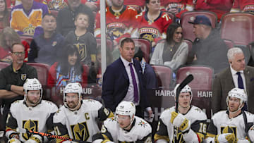 Dec 23, 2023; Sunrise, Florida, USA; Florida Panthers head coach Bruce Cassidy looks on against the Florida Panthers during the third period at Amerant Bank Arena. Mandatory Credit: Sam Navarro-Imagn Images