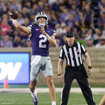 Aug 31, 2024; Manhattan, Kansas, USA; Kansas State Wildcats quarterback Avery Johnson (2) passes the ball during the third quarter against the Tennessee-Martin Skyhawks at Bill Snyder Family Football Stadium. Mandatory Credit: Scott Sewell-Imagn Images