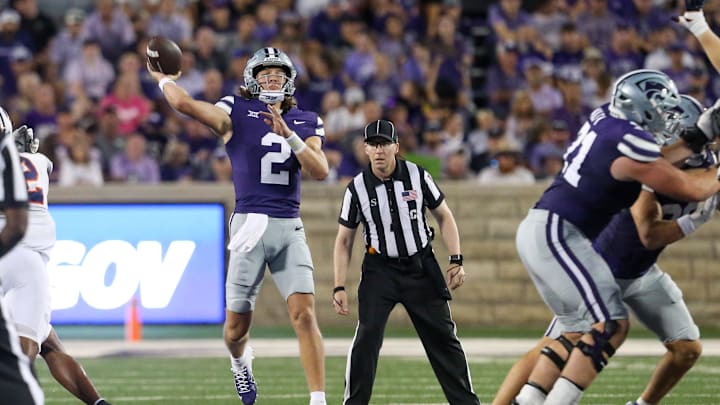 Aug 31, 2024; Manhattan, Kansas, USA; Kansas State Wildcats quarterback Avery Johnson (2) passes the ball during the third quarter against the Tennessee-Martin Skyhawks at Bill Snyder Family Football Stadium. Mandatory Credit: Scott Sewell-Imagn Images