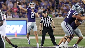 Aug 31, 2024; Manhattan, Kansas, USA; Kansas State Wildcats quarterback Avery Johnson (2) passes the ball during the third quarter against the Tennessee-Martin Skyhawks at Bill Snyder Family Football Stadium. Mandatory Credit: Scott Sewell-Imagn Images