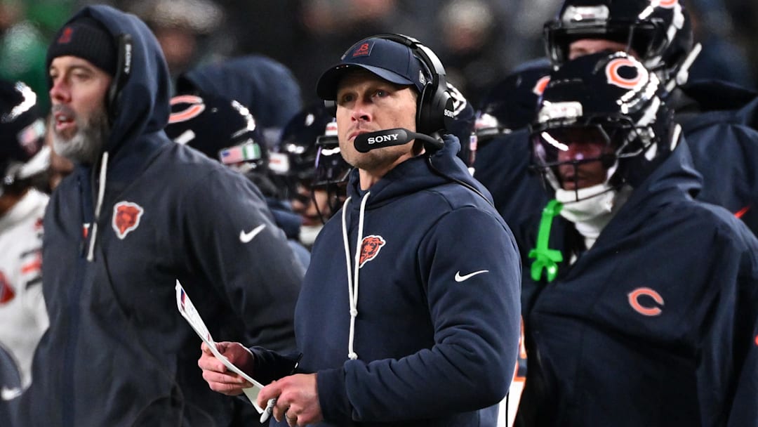 Nov 28, 2025; Philadelphia, Pennsylvania, USA; Chicago Bears head coach Ben Johnson looks on during the fourth quarter of the game against the Chicago Bears at Lincoln Financial Field. Mandatory Credit: Eric Hartline-Imagn Images