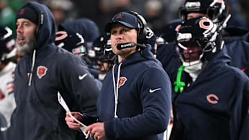 Nov 28, 2025; Philadelphia, Pennsylvania, USA; Chicago Bears head coach Ben Johnson looks on during the fourth quarter of the game against the Chicago Bears at Lincoln Financial Field. Mandatory Credit: Eric Hartline-Imagn Images