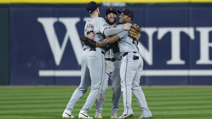 Aug 26, 2024; Chicago, Illinois, USA; Detroit Tigers players celebrates after defeating the Chicago White Sox in a baseball game at Guaranteed Rate Field.