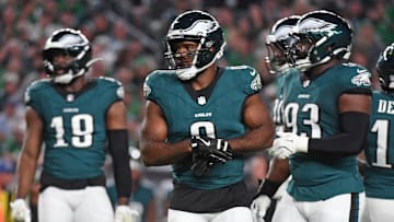 Sep 16, 2024; Philadelphia, Pennsylvania, USA; Philadelphia Eagles defensive end Bryce Huff (0) against the Atlanta Falcons at Lincoln Financial Field. Mandatory Credit: Eric Hartline-Imagn Images
