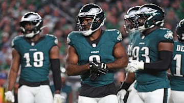 Sep 16, 2024; Philadelphia, Pennsylvania, USA; Philadelphia Eagles defensive end Bryce Huff (0) against the Atlanta Falcons at Lincoln Financial Field.
