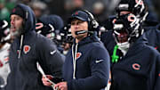 Nov 28, 2025; Philadelphia, Pennsylvania, USA; Chicago Bears head coach Ben Johnson looks on during the fourth quarter of the game against the Chicago Bears at Lincoln Financial Field. Mandatory Credit: Eric Hartline-Imagn Images