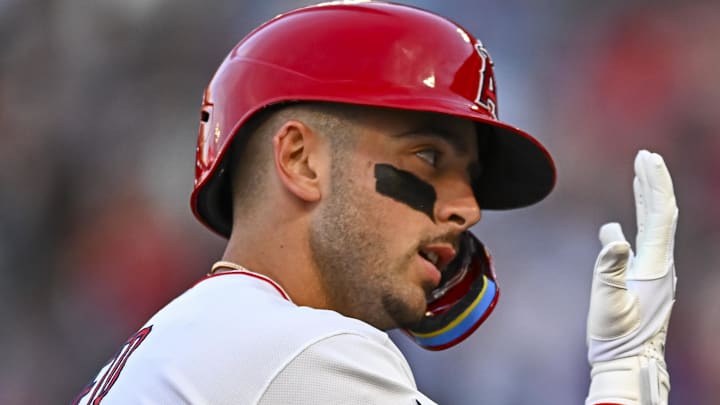 Apr 4, 2026; Anaheim, California, USA; Los Angeles Angels shortstop Zach Neto (9) hits a one run home run during the first inning against the Seattle Mariners at Angel Stadium. Mandatory Credit: Jonathan Hui-Imagn Images