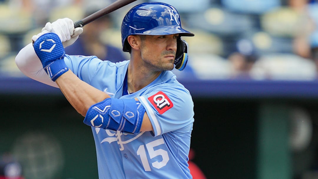 Aug 13, 2025; Kansas City, Missouri, USA; Kansas City Royals outfielder Randall Grichuk (15) bats during the fifth inning against the Washington Nationals at Kauffman Stadium. Aug 13, 2025; Kansas City, Missouri, USA; Kansas City Royals outfielder Randall Grichuk (15) bats during the fifth inning against the Washington Nationals at Kauffman Stadium.