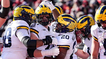 Michigan running back Kalel Mullings (20) celebrates a touchdown against Ohio State during the first half at Ohio Stadium in Columbus, Ohio on Saturday, Nov. 30, 2024.