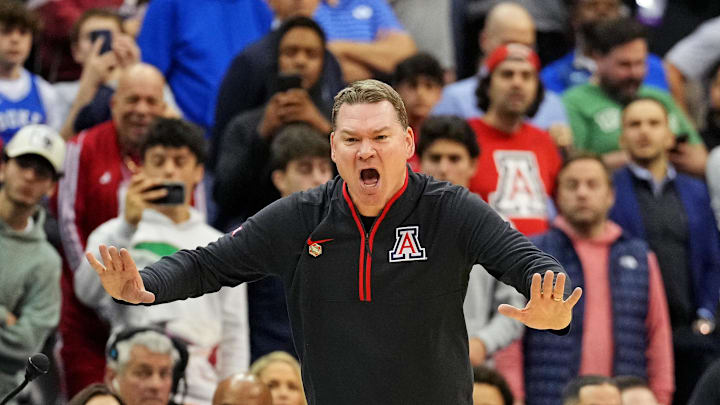 Mar 27, 2025; Newark, NJ, USA; Arizona Wildcats head coach Tommy Lloyd during the second half against the Duke Blue Devils during an East Regional semifinal of the 2025 NCAA tournament at Prudential Center. Mandatory Credit: Robert Deutsch-Imagn Images