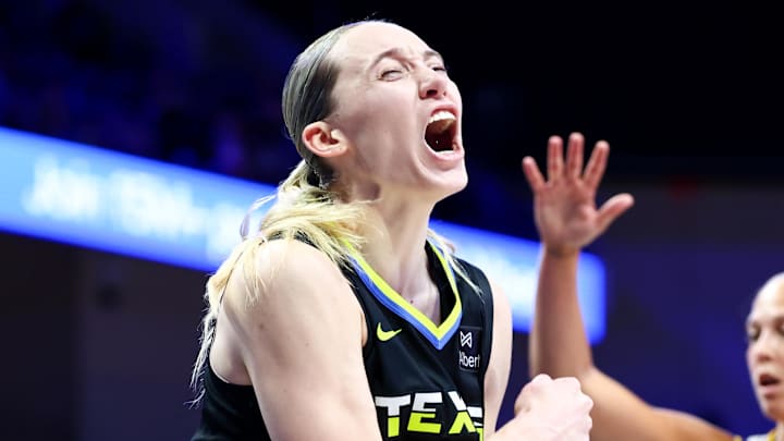 Dallas Wings guard Paige Bueckers reacts in front of Los Angeles Sparks guard Julie Allemand (20) during the second half at College Park Center. Mandatory Credit: Kevin Jairaj-Imagn Images Dallas Wings guard Paige Bueckers reacts in front of Los Angeles Sparks guard Julie Allemand (20) during the second half at College Park Center. Mandatory Credit: Kevin Jairaj-Imagn Images