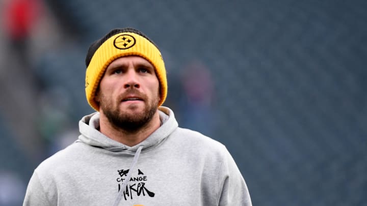 T.J. Watt warms up before the Steelers' game against the Eagles.