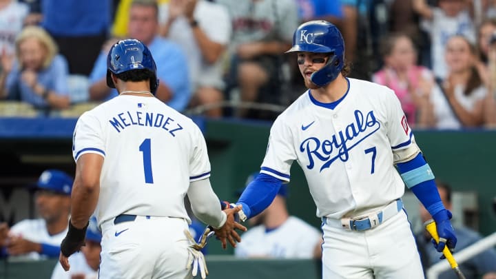 Aug 7, 2024; Kansas City, Missouri, USA; Kansas City Royals left fielder MJ Melendez (1) is congratulated by shortstop Bobby Witt Jr. (7) after scoring a run during the second inning against the Boston Red Sox at Kauffman Stadium. Mandatory Credit: Jay Biggerstaff-USA TODAY Sports