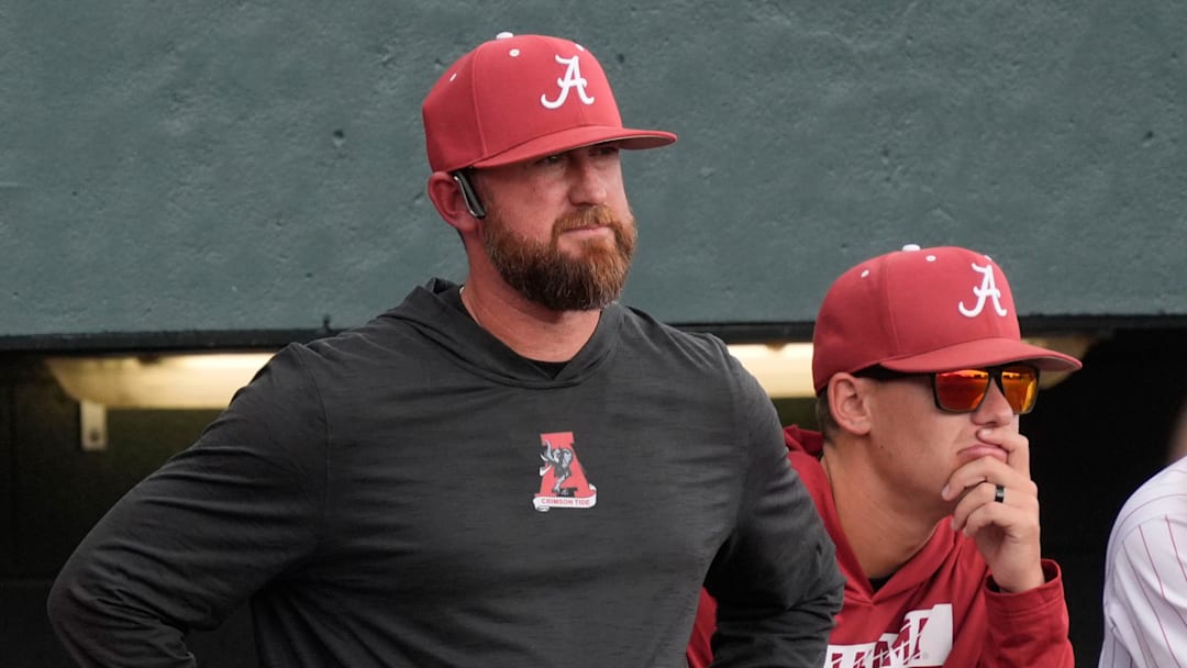 Mar 29, 2025; Tuscaloosa, AL, USA; Alabama head coach Rob Vaughn watches as his team palys Oklahoma at Sewell-Thomas Stadium. Oklahoma evened the series with a 6-5 win.