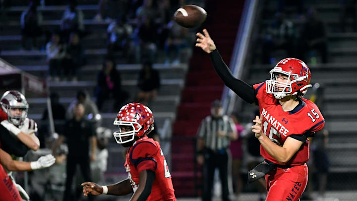 Manatee's quarterback Andrew Heidel (#15) back to pass. The Riverview Rams celebrated a 35-30 victory over the Manatee Hurricanes at Joe Kinnan Field at Hawkins Stadium, Friday night, Nov. 17, 2023.