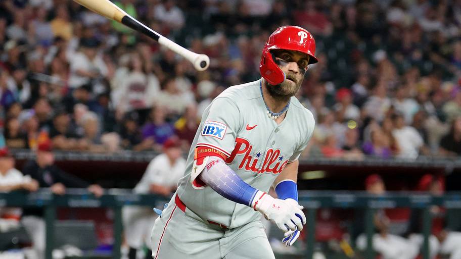 Philadelphia Phillies outfielder Bryce Harper tosses his bat 