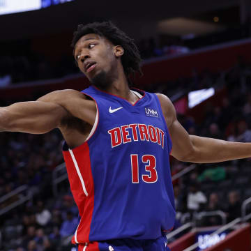 Apr 11, 2024; Detroit, Michigan, USA;  Detroit Pistons center James Wiseman (13) grabs the rebound in the second half against the Chicago Bulls at Little Caesars Arena. Mandatory Credit: Rick Osentoski-USA TODAY Sports