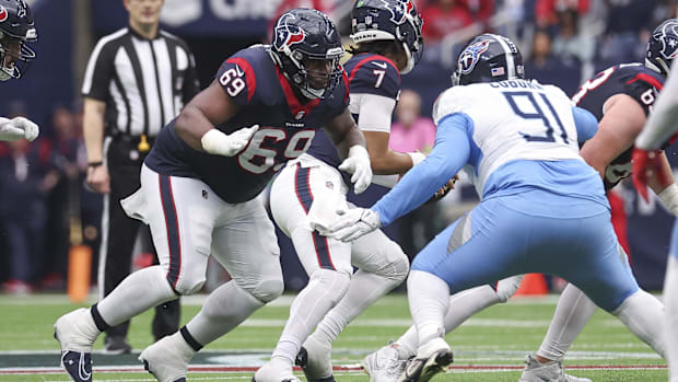 Houston Texans guard Shaq Mason (69) in action during the game against the Tennessee Titans at NRG Stadium.
