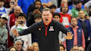 Mar 27, 2025; Newark, NJ, USA; Arizona Wildcats head coach Tommy Lloyd during the second half against the Duke Blue Devils during an East Regional semifinal of the 2025 NCAA tournament at Prudential Center. Mandatory Credit: Robert Deutsch-Imagn Images