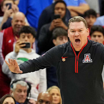 Mar 27, 2025; Newark, NJ, USA; Arizona Wildcats head coach Tommy Lloyd during the second half against the Duke Blue Devils during an East Regional semifinal of the 2025 NCAA tournament at Prudential Center. Mandatory Credit: Robert Deutsch-Imagn Images