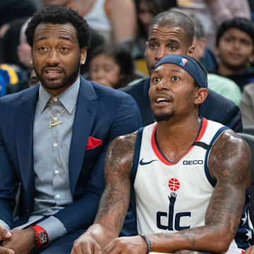 March 1, 2020; San Francisco, California, USA; Washington Wizards guard John Wall (2, left) and guard Bradley Beal (3, right) during the first quarter against the Golden State Warriors at Chase Center. Mandatory Credit: Kyle Terada-Imagn Images
