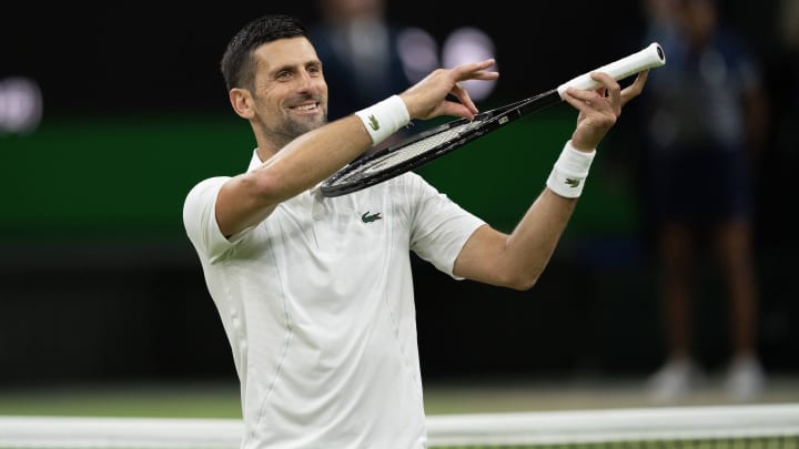 Jul 8, 2024; London, United Kingdom; Novak Djokovic of Serbia celebrates winning his match against Holger Rune of Denmark (not shown) on day eight of The Championships at All England Lawn Tennis and Croquet Club. Mandatory Credit: Susan Mullane-USA TODAY Sports