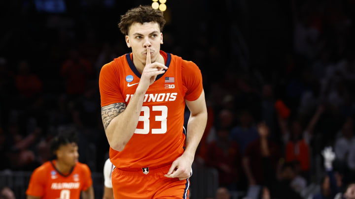 Mar 28, 2024; Boston, MA, USA; Illinois Fighting Illini forward Coleman Hawkins (33) reacts against the Iowa State Cyclones in the semifinals of the East Regional of the 2024 NCAA Tournament at TD Garden. Mandatory Credit: Winslow Townson-USA TODAY Sports