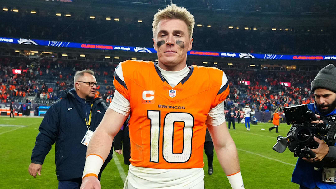 Jan 17, 2026; Denver, CO, USA; Denver Broncos quarterback Bo Nix (10) reacts after winning an AFC Divisional Round playoff game against the Buffalo Bills at Empower Field at Mile High. Mandatory Credit: Ron Chenoy-Imagn Images