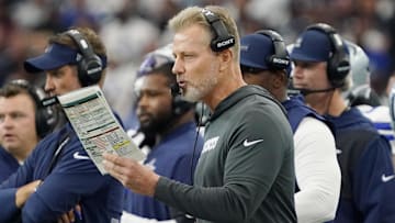 Sep 14, 2025; Arlington, Texas, USA; Dallas Cowboys defensive coordinator Matt Eberflus on the sideline during the first quarter at AT&T Stadium. Mandatory Credit: Raymond Carlin III-Imagn Images