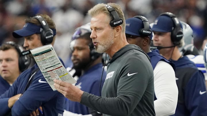 Sep 14, 2025; Arlington, Texas, USA; Dallas Cowboys defensive coordinator Matt Eberflus on the sideline during the first quarter at AT&T Stadium. Mandatory Credit: Raymond Carlin III-Imagn Images