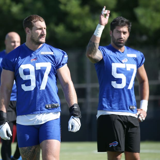 Buffalo Bills defensive ends Joey Bosa and A.J. Epenesa during day one of training camp..