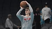 Nov 28, 2025; Charlotte, North Carolina, USA; Chicago Bulls guard Kevin Huerter (13) during an early warm up before the game against the Charlotte Hornets at the Spectrum Center. Mandatory Credit: Sam Sharpe-Imagn Images