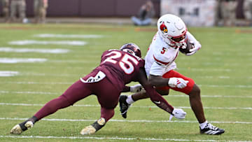 Nov 1, 2025; Blacksburg, Va.; Louisville wide receiver Caullin Lacy (5) runs after a catch.