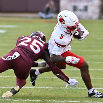 Nov 1, 2025; Blacksburg, Va.; Louisville wide receiver Caullin Lacy (5) runs after a catch.