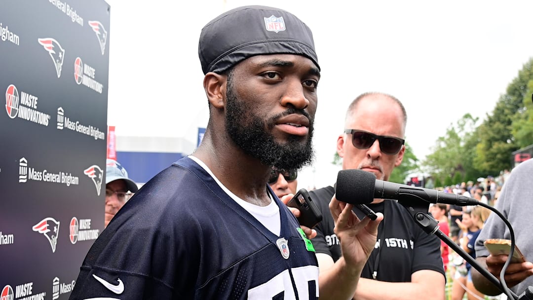 Jul 27, 2023; Foxborough, MA, USA; New England Patriots linebacker Josh Uche (55) speaks to the media after training camp at Gillette Stadium. Mandatory Credit: Eric Canha-Imagn Images