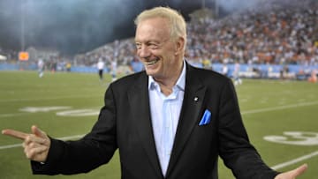 Aug 8, 2010; Canton, OH, USA; Dallas Cowboys owner Jerry Jones on the sidelines during the preseason game against the Cincinnati Bengals at Fawcett Stadium. Mandatory Credit: Kirby Lee/Image of Sport-Imagn Images