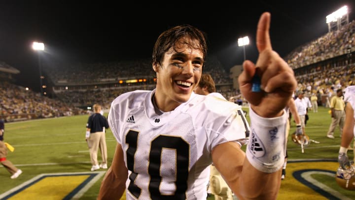 Sep. 2, 2006; Atlanta, GA, USA; Notre Dame Fighting Irish quarterback (10) Brady Quinn celebrates the 14-10 Notre Dame win over the Georgia Tech Yellow Jackets.