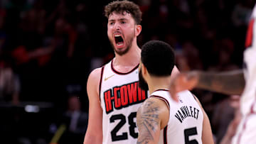 Apr 4, 2025; Houston, Texas, USA; Houston Rockets center Alperen Sengun (28) reacts after a dunk against the Oklahoma City Thunder during the fourth quarter at Toyota Center. Mandatory Credit: Erik Williams-Imagn Images