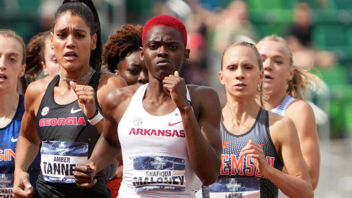 Shafiqua Maloney of Arkansas and Amber Tanner of Georgia lead the women's 800m during the NCAA Track and Field Championships at Hayward Field.