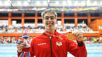 Oscar Bilbao Holding a Medal at Aquatics Swimming - 2023 Youth Commonwealth Games: Day Two