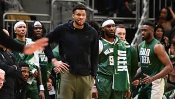 Apr 21, 2024; Milwaukee, Wisconsin, USA; Milwaukee Bucks forward Giannis Antetokounmpo (34) watches from the bench in the fourth quarter against the Indiana Pacers during game one of the first round for the 2024 NBA playoffs at Fiserv Forum. Mandatory Credit: Benny Sieu-USA TODAY Sports