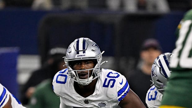 Dallas Cowboys linebacker Shemar James lines up during the game between the Dallas Cowboys and the Green Bay Packers 