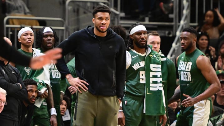 Milwaukee Bucks forward Giannis Antetokounmpo watches from the bench in the fourth quarter against the Indiana Pacers in  the 2024 NBA playoffs. 