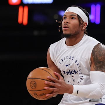 May 12, 2025; New York, New York, USA; New York Knicks guard Miles McBride (2) warms up during game four of the second round for the 2025 NBA Playoffs against the Boston Celtics at Madison Square Garden. Mandatory Credit: Vincent Carchietta-Imagn Images